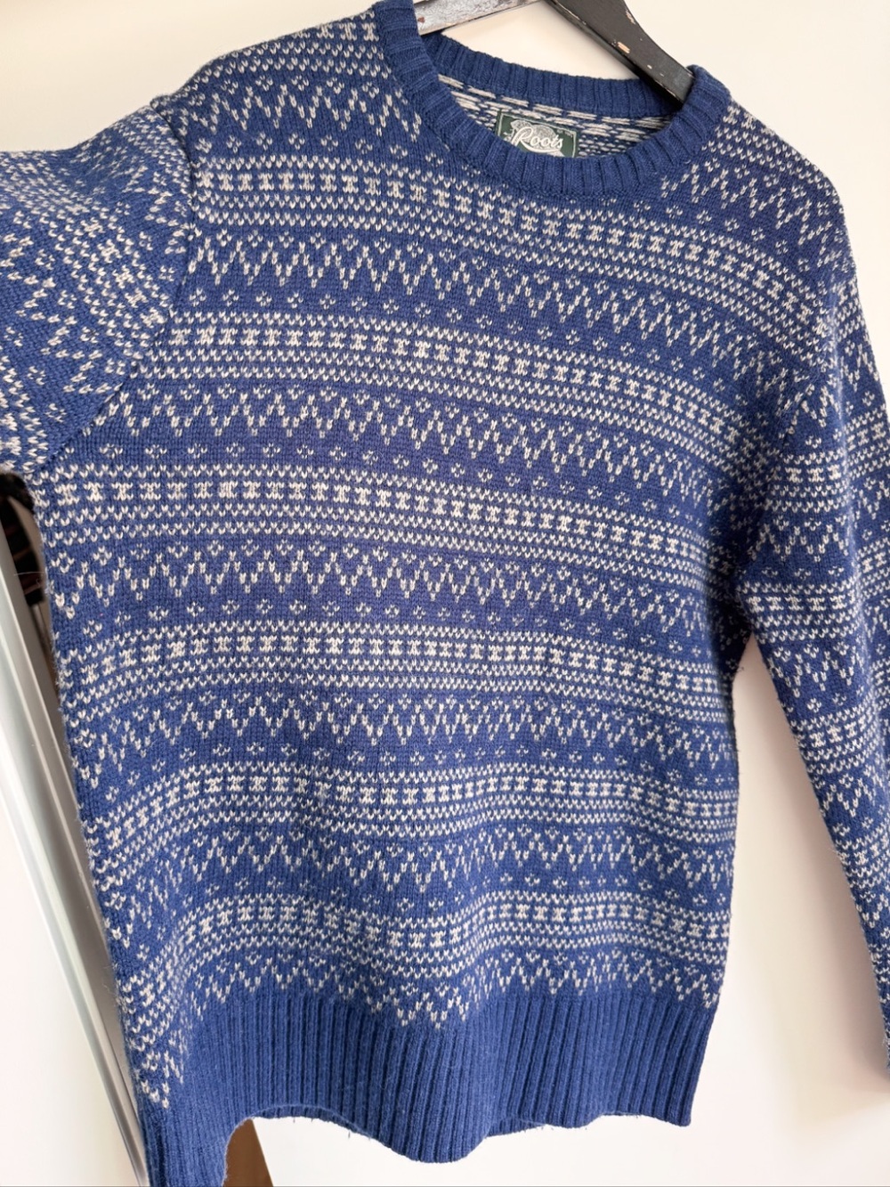 Roots Canada Wool Blend Fair Isle Knit Sweater Large Blue Grey Pullover L - Picture 4 of 8